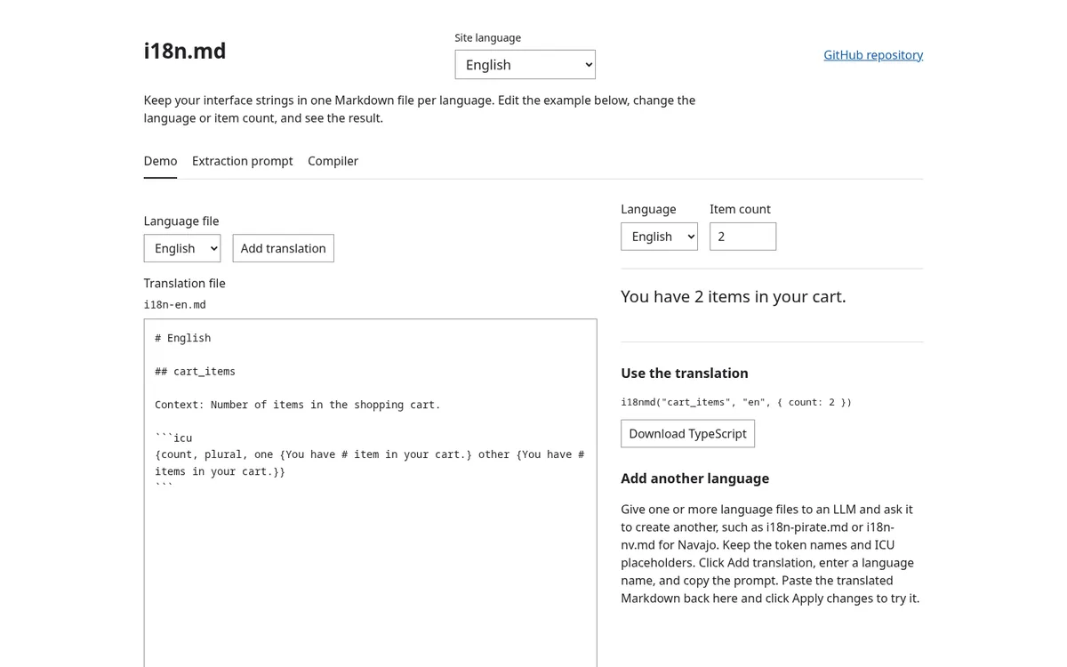 The i18n.md demo, editing an English language file and previewing the result